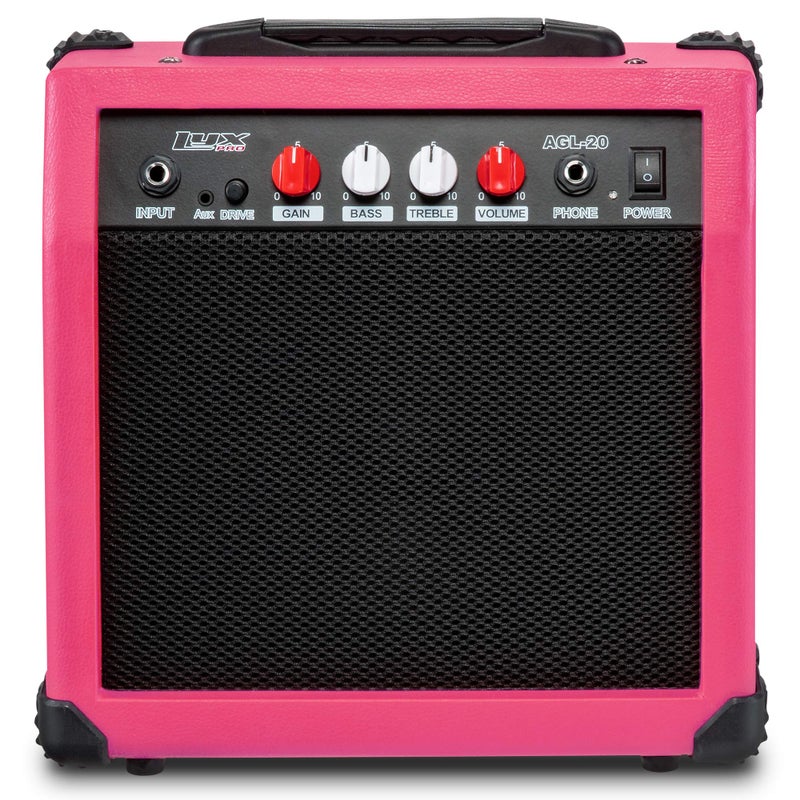 LyxPro Electric Guitar Amp 20 Watt Amplifier Built in Speaker Headphone Jack and Aux Input Includes Gain Bass Treble Volume and Grind - Pink - Image 1